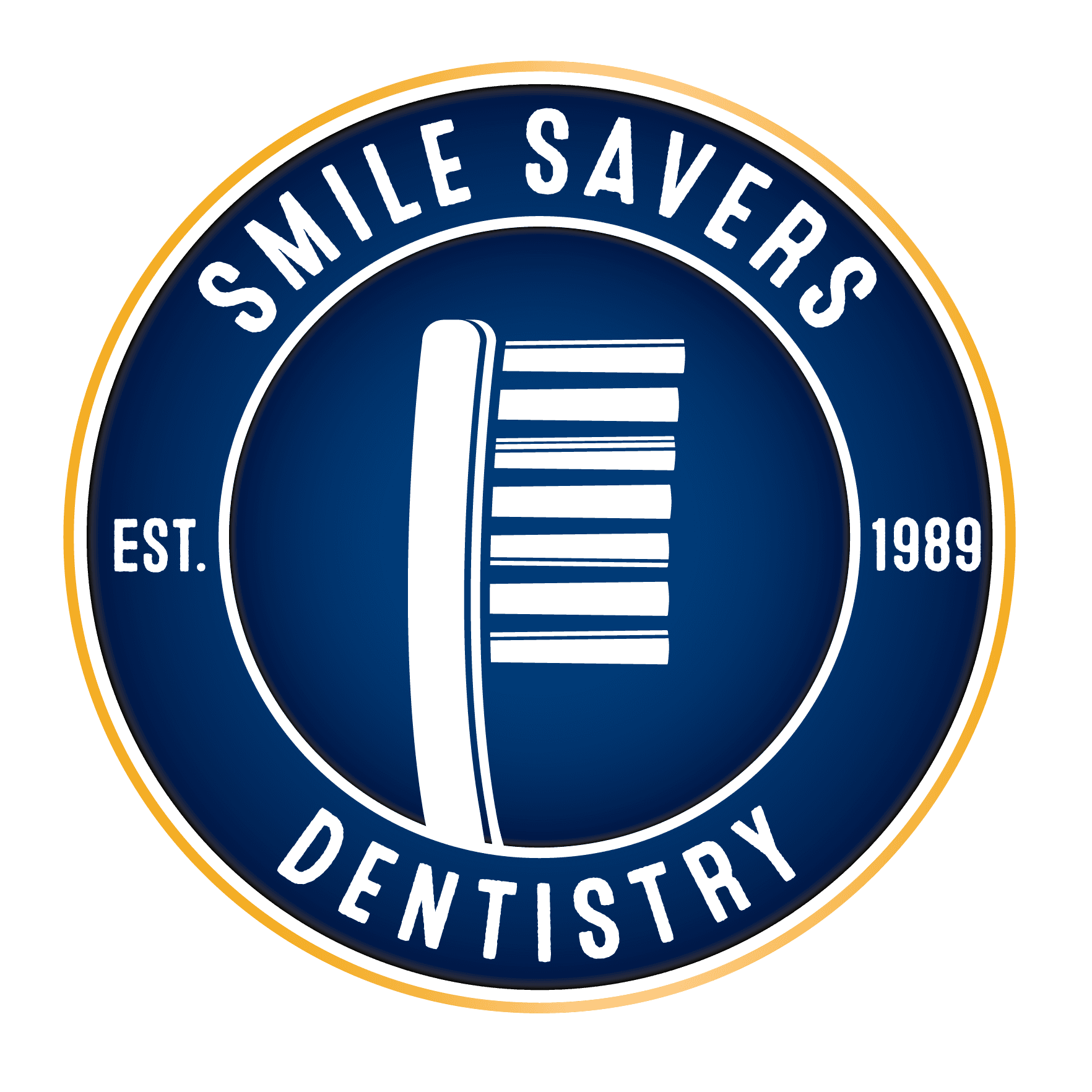 Logo for Smile Savers Dentistry: a blue and gold circular emblem with a toothbrush and text.