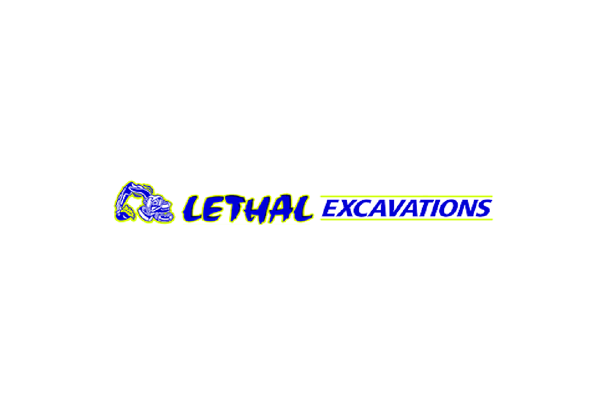 A blue and white logo for lethal excavations on a white background.