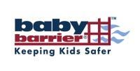 Logo for Baby Barrier, red and blue text, with a graphic of a grid and water waves.