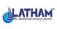 Latham Pools logo: blue text and symbol on white background, tagline