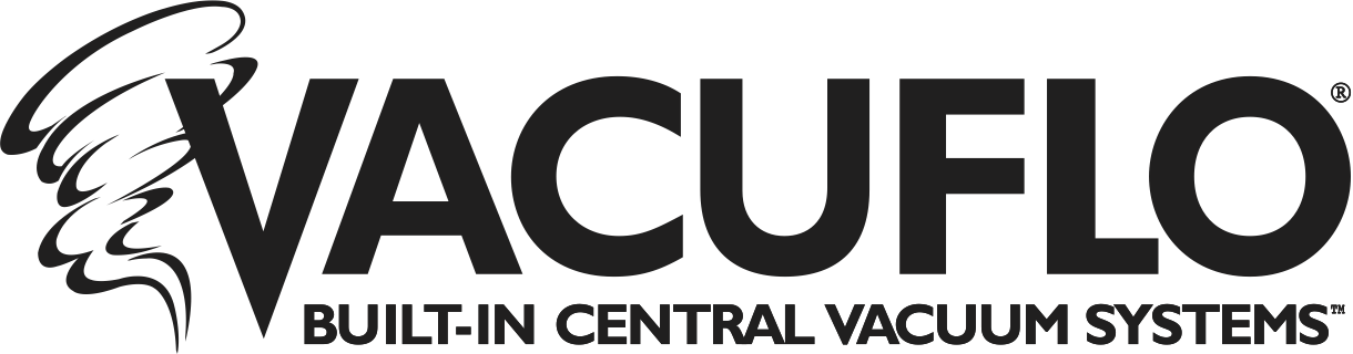 A black and white logo for vacuflo built in central vacuum systems