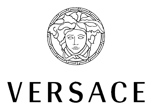 Versace logo featuring Medusa head within a circular frame, and the brand name below.