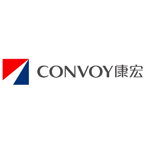 Logo for Convoy, featuring a red and blue angular graphic and text 