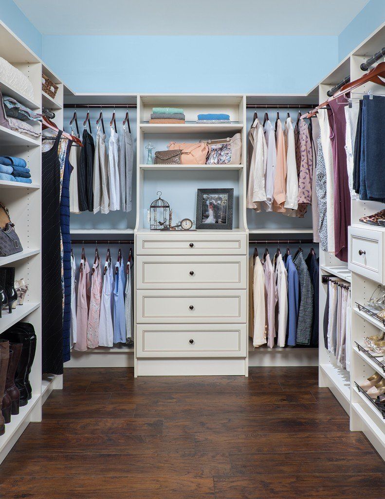 Custom Walk In Closet System with an Antique White Finish