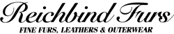 The logo for reichkind furs is black and white and says fine furs , leathers and outerwear.