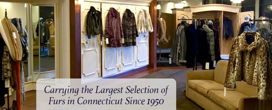 A picture of a fur store with the words carrying the largest selection of furs in connecticut since 1950