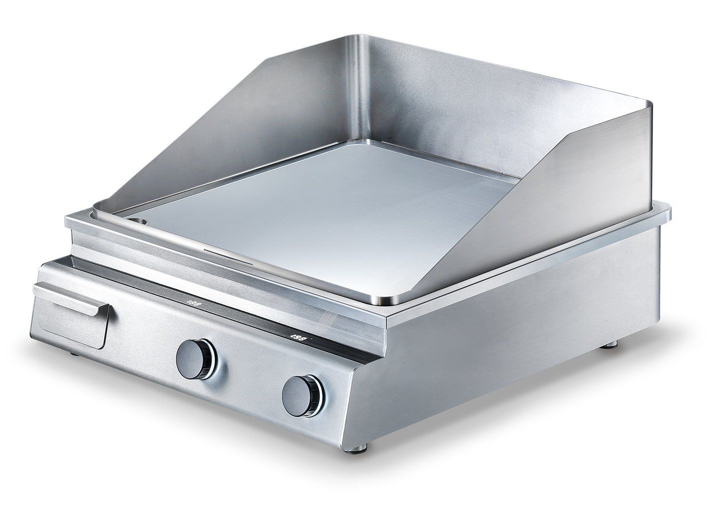 Een roestvrijstalen grill met twee knoppen erop