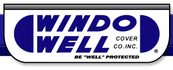 A blue and white logo for windo well cover co. inc.
