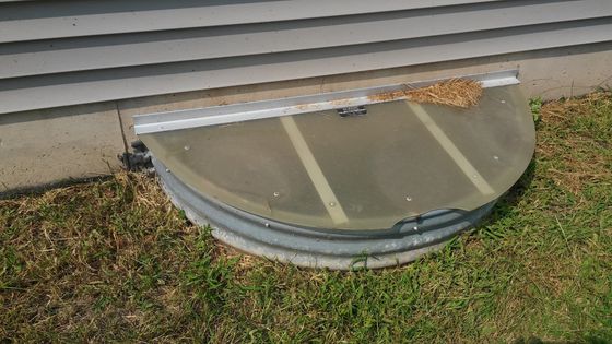 A window well with a clear cover is sitting in the grass next to a house.