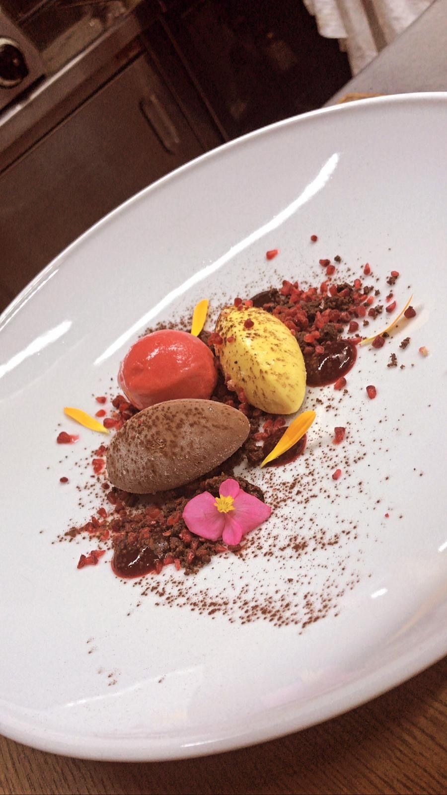 Dessert servito in una ciotola bianca con palline di gelato colorate, salsa, briciole e guarnizione floreale.