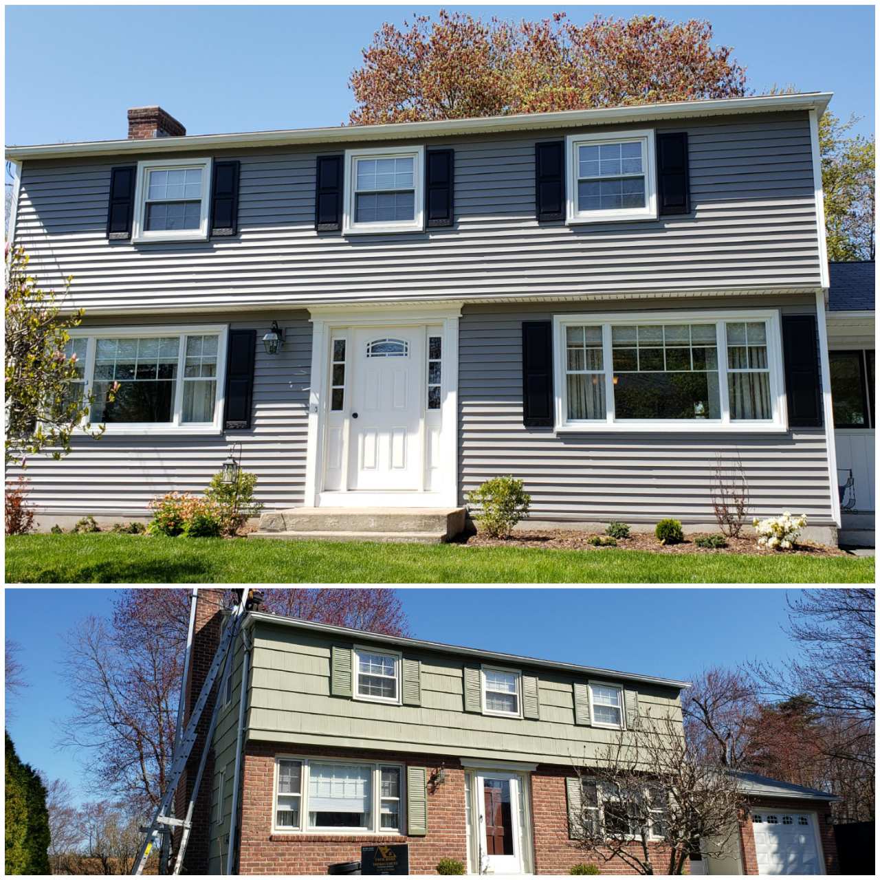 A two-part photo showing a house before and after renovations, with grey vinyl siding replacing the brick and tan facade.