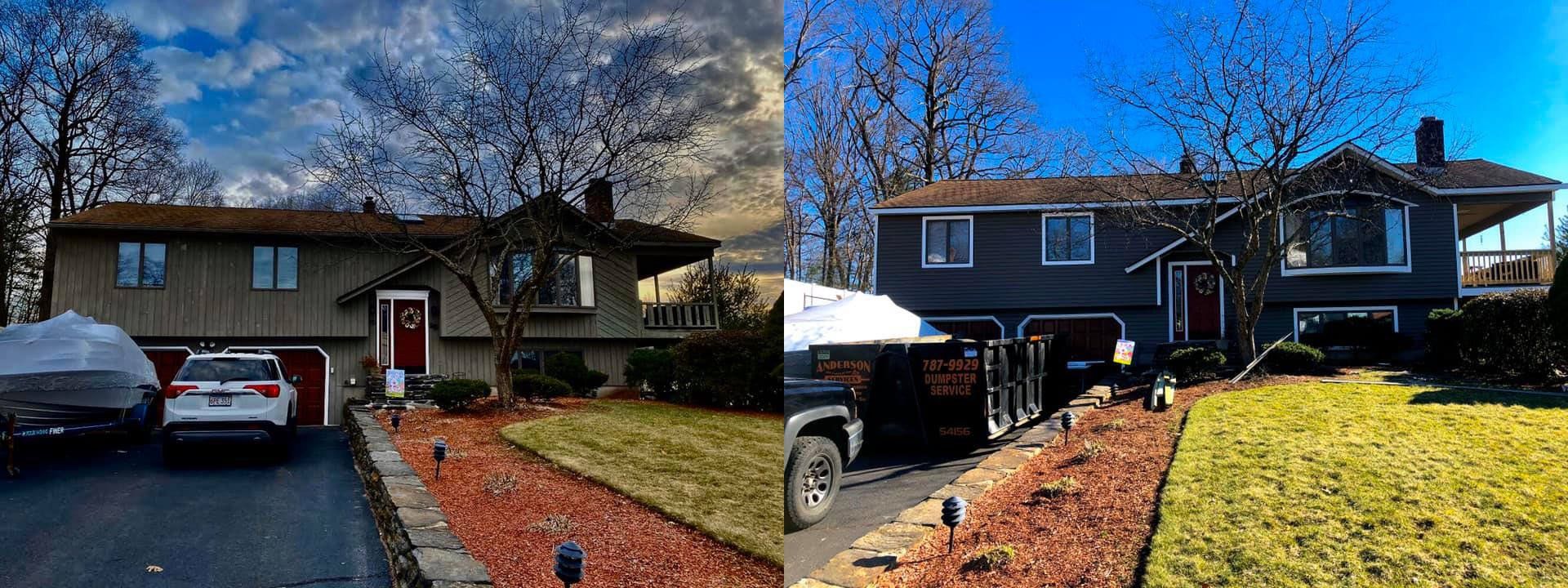 A split-screen view showing a house exterior before and after a dark gray paint renovation.