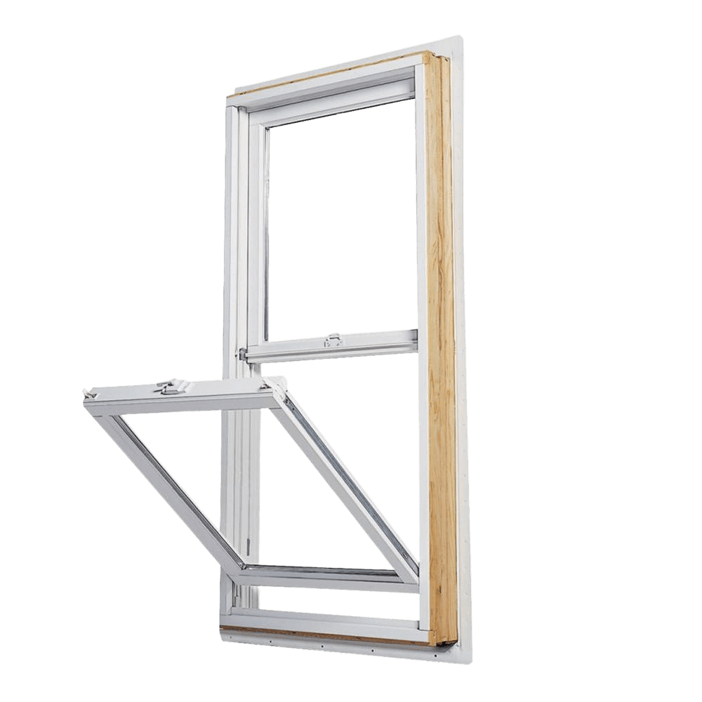 A white, single-hung window with a wood frame interior, shown with the bottom sash tilted inward.