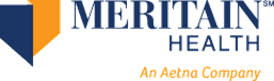 Meritain Health logo, navy and orange geometric shape, navy text on white background, 
