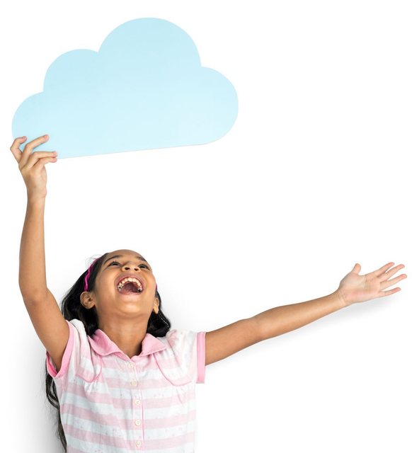 Young girl holding a blue cloud cutout, arms outstretched, looking upward and smiling widely.