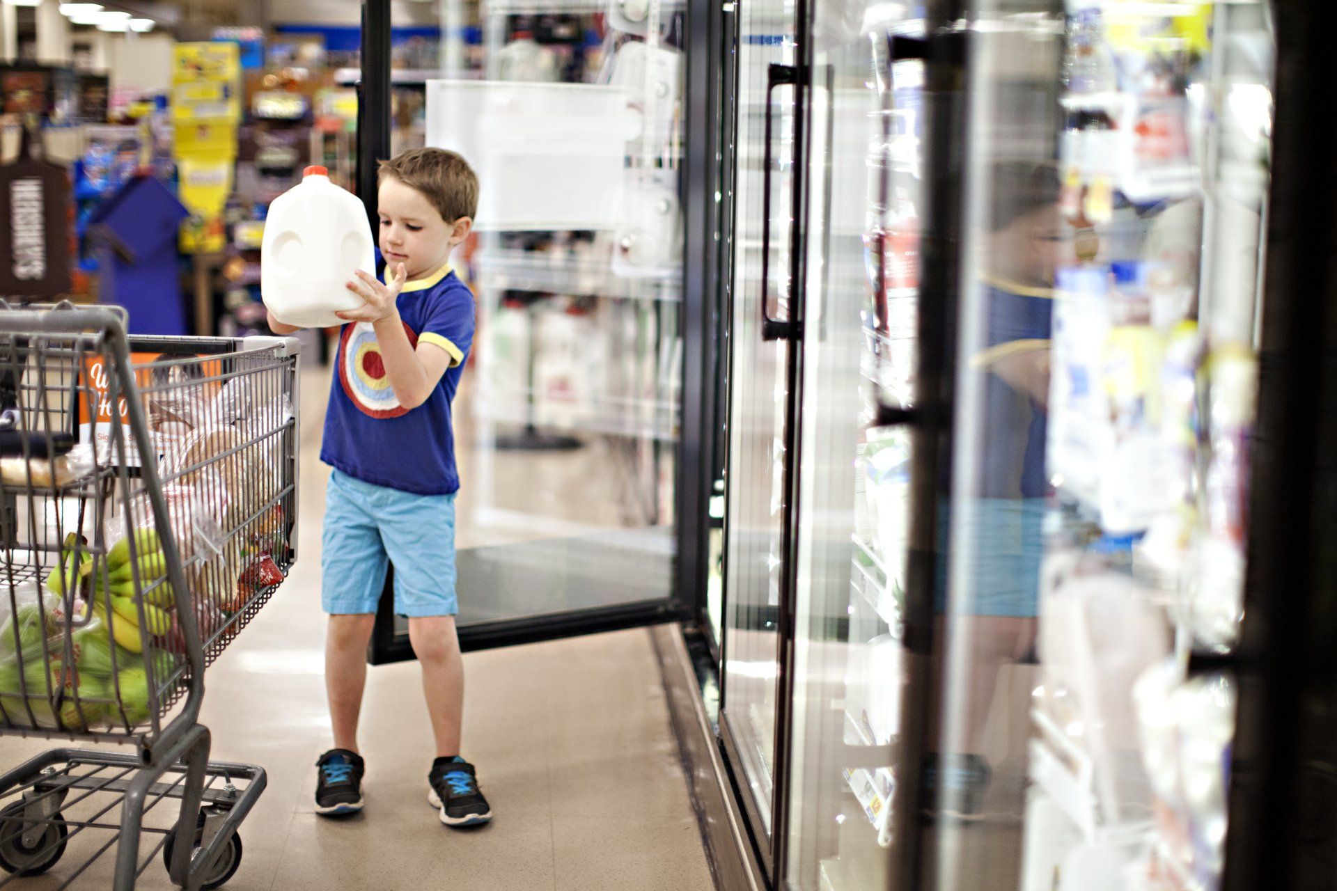Boy in a blue shirt and shorts looks at a milk jug in a grocery store, next to a shopping cart.