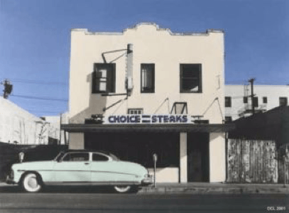 Jack's Bar & Grill Redding, CA. - Vintage photo of old diner with 'Choice Steaks' sign, classic 1950s car parked in front.
