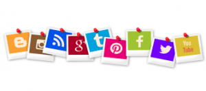 Polaroid-style images pinned to a line, each showing different social media icons like Facebook, Twitter.
