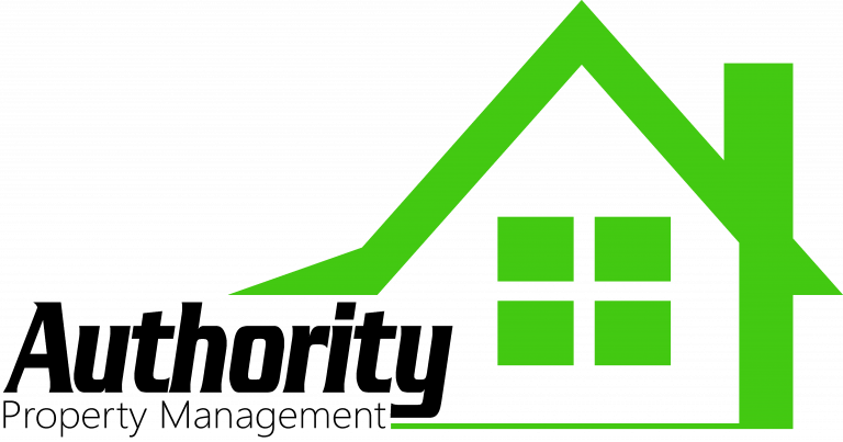 Authority Property Management logo: Simplified house outline above company name in casual script on textured gray background.