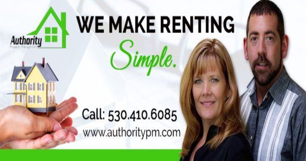 Smiling man and woman beside an illustrated house, text: We make renting simple. Contact details on the left.