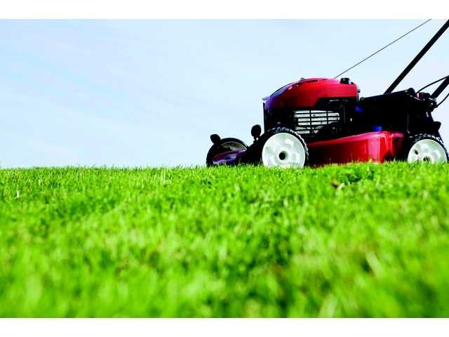 A red lawn mower cutting grass on a sunny day, with a vibrant green field and a clear blue sky in the background.