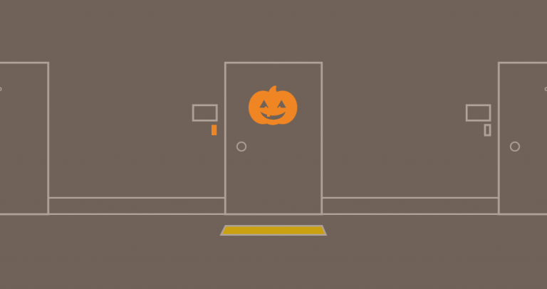 Illustration of a hallway with three doors, the center door in orange, featuring a glowing jack-o'-lantern decoration.