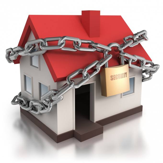 3D illustration: small house secured with heavy chains & padlock labeled 'security