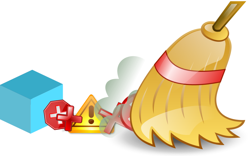 A straw broom leans against a pile of symbols and shapes, suggesting a concept of cleaning up digital or abstract elements.