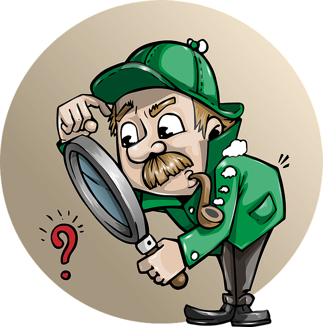 Cartoon detective in green, puzzled, using a magnifying glass with a question mark beside him.