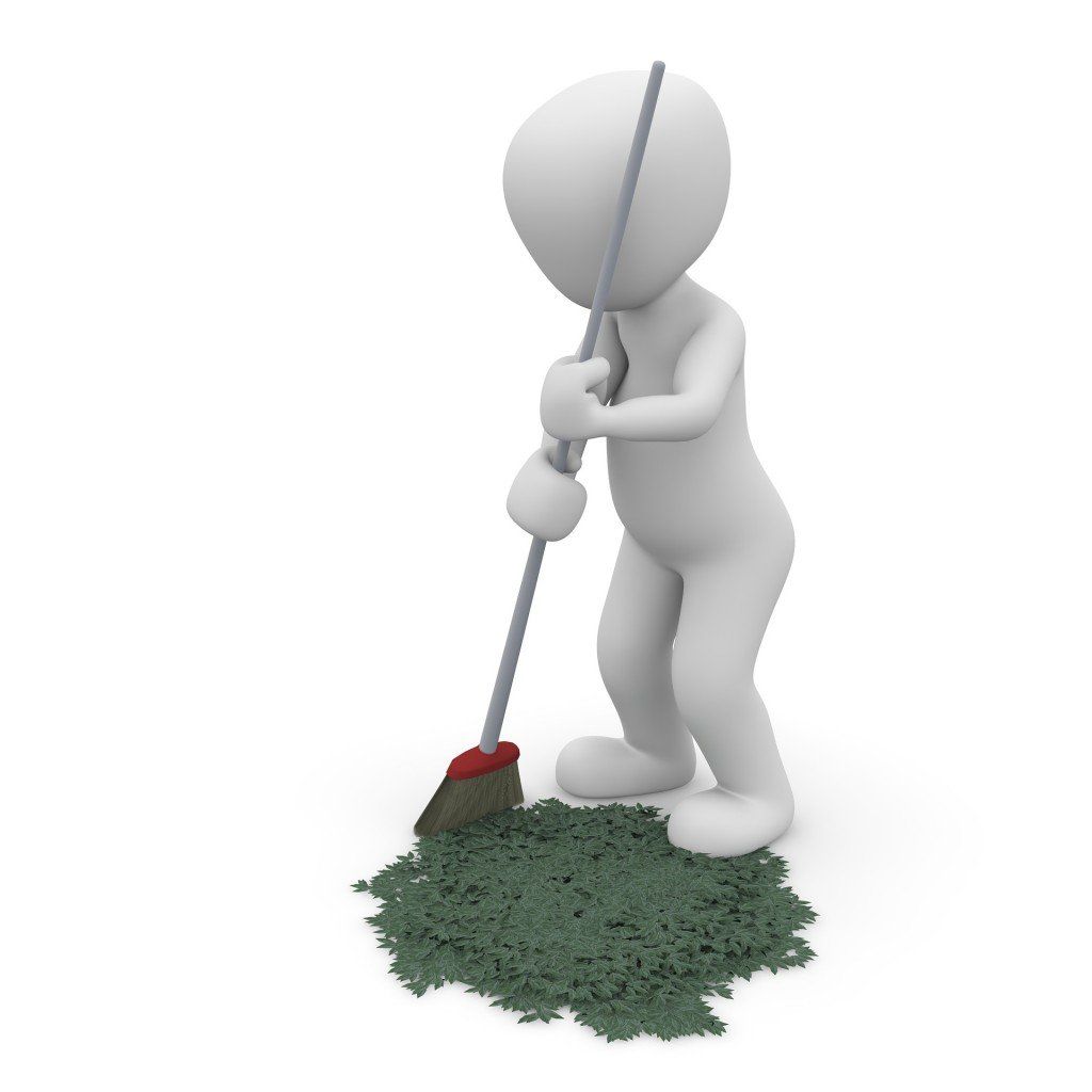 3D illustration of a white humanoid figure sweeping a green surface with a red broom, focused on the cleaning area.