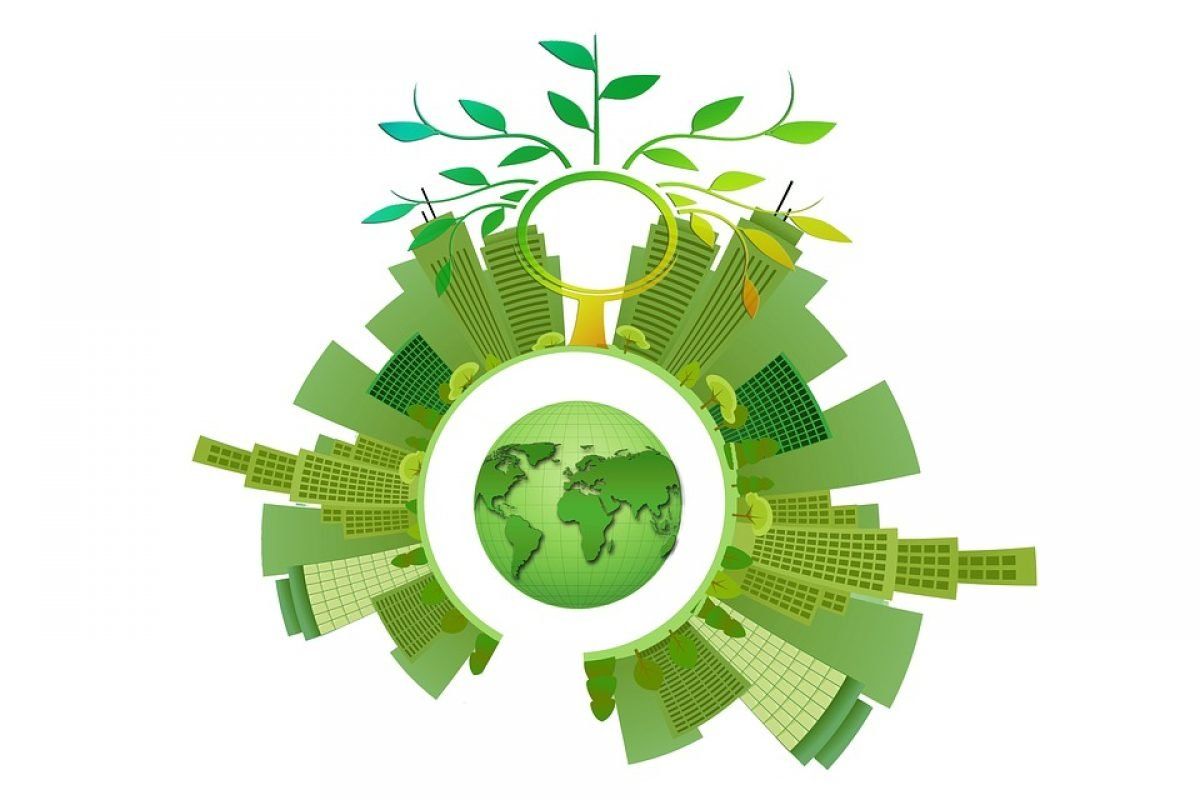 A green globe with a tree growing out of it