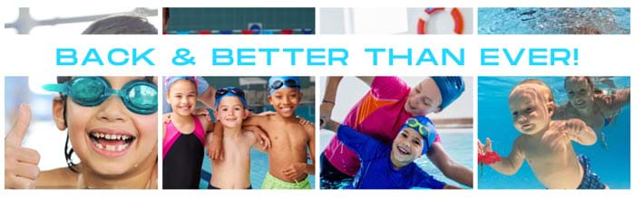 Children in swim gear, one with goggles giving a thumbs up, with text 