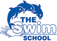Blue logo with three dolphins and text 