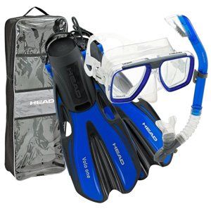 Blue and black snorkeling set with fins, mask, snorkel, and bag; on white background.