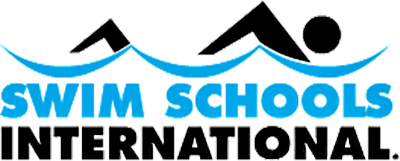 Logo for Swim Schools International: black swimmer figures over blue waves, text reads “SWIM SCHOOLS INTERNATIONAL.”