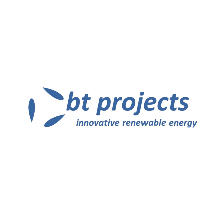 BT Projects-logo met blauwe tekst en abstract bladicoon, slogan 