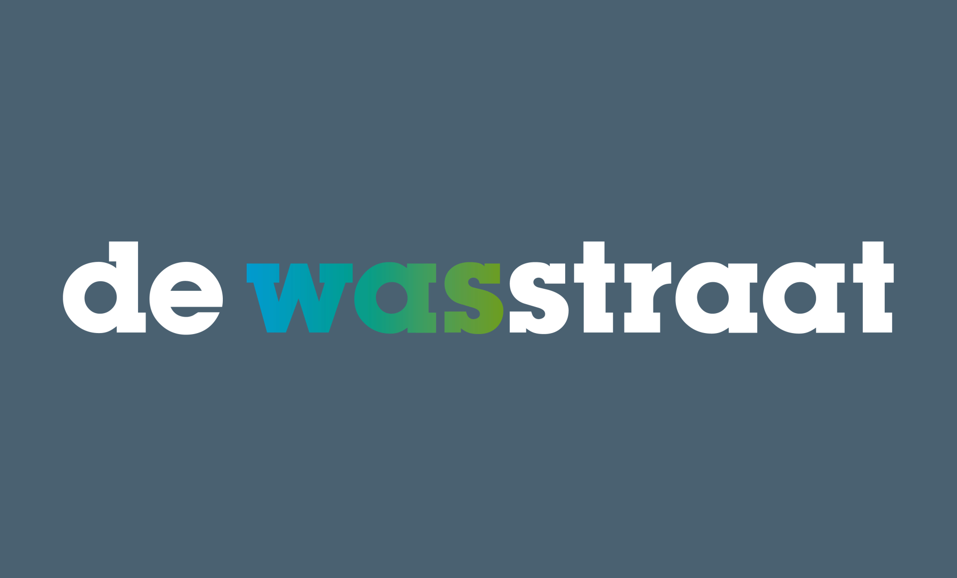 Het logo van De Waststraat in wit, turquoise en groen op een grijze achtergrond.