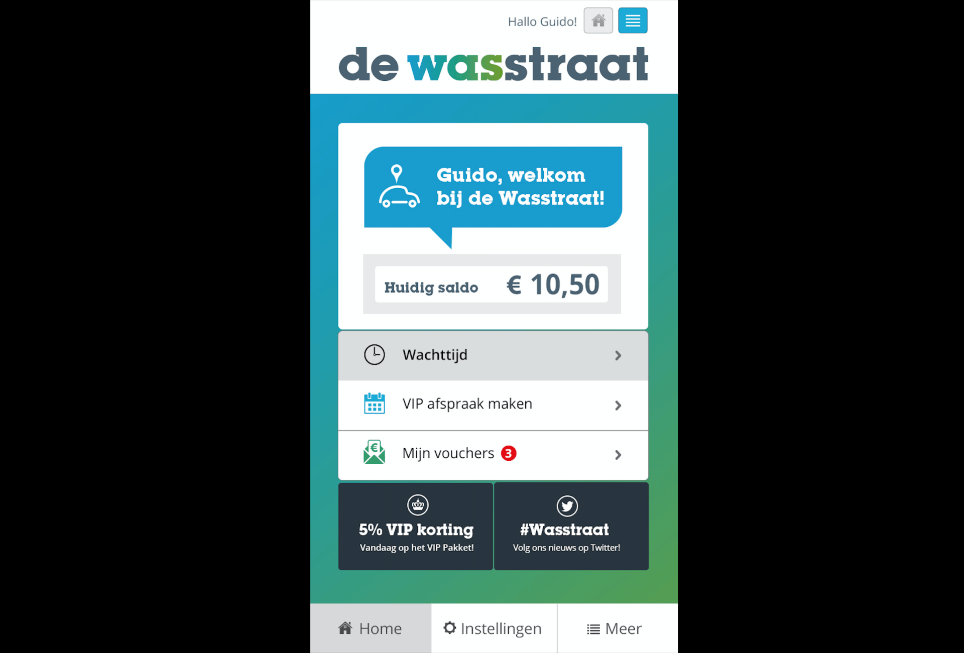 Blue De Woonstraat app screen showing balance €10,50 and menu options
