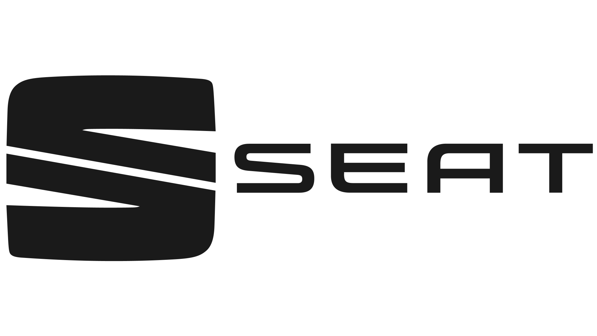 Het logo van het automerk SEAT in zwart op een witte achtergrond.