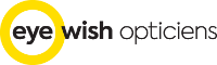 Het logo van Eye Wish Opticiens met zwarte en gele tekst op een witte achtergrond.