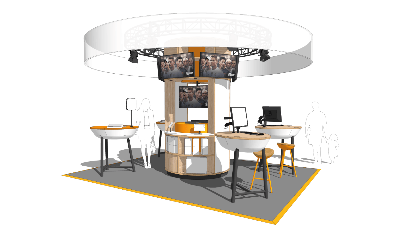 Moderne kiosk in booth-stijl met rond display bovenin, toonbank, krukken en bureau op een grijze vloermat.