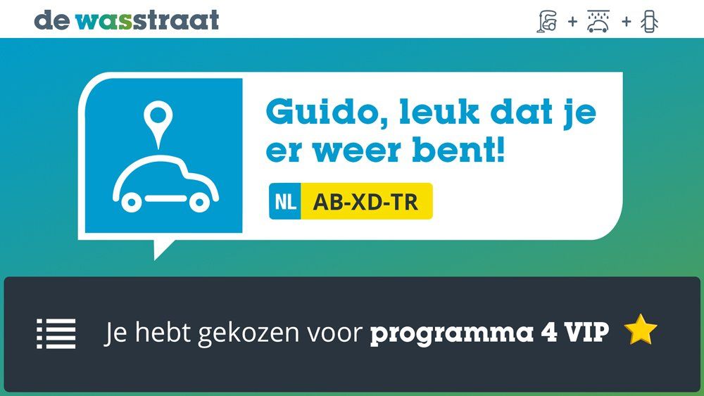 Dashboard message: “Guido, leuk dat je er weer bent!” with Dutch car plate AB-XD-TR and “programma 4 VIP” selected