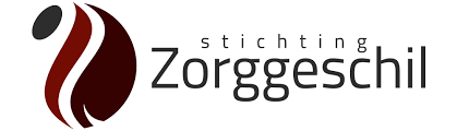Het logo van Stichting Zorggeschil met een donkerrode abstracte vlam en grijze tekst op een witte achtergrond.