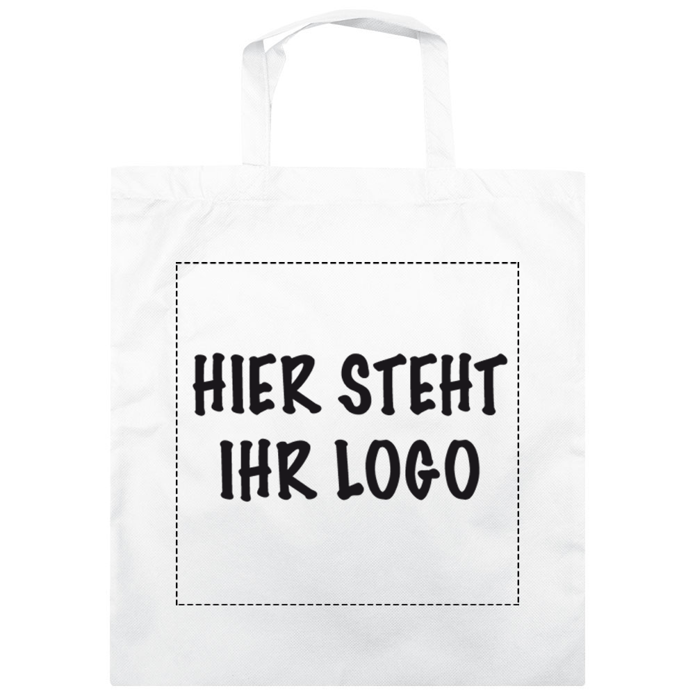 Eine weiße Einkaufstasche mit dem Logo „Hier steht ihr“ darauf