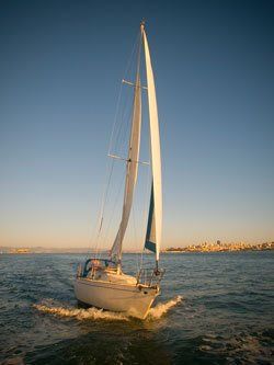 Sailing at sunset with the San Francisco waterfront in the background. 