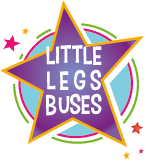 A purple star with the words `` little legs buses '' written on it.