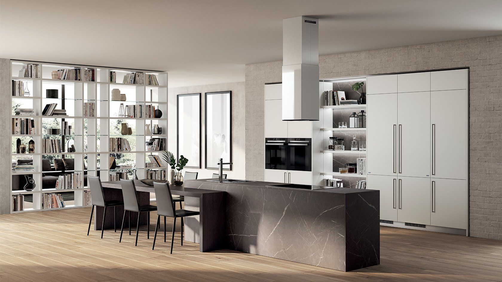 Cucina moderna con isola, posti a sedere, mensole integrate e mobili bianchi.