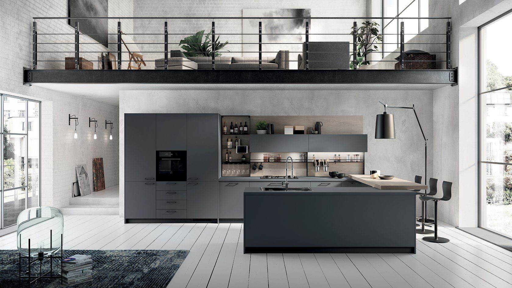 Moderna cucina grigia con isola, elettrodomestici da incasso e zona soppalcata con posti a sedere e piante.