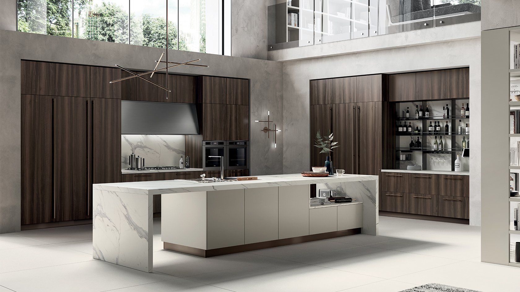 Cucina moderna con grande isola, mobili in legno e ripiani in marmo.