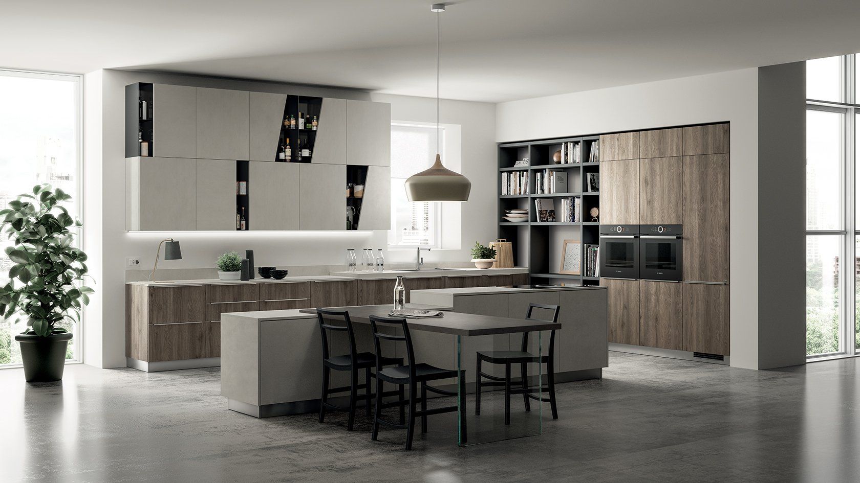 Cucina moderna con mobili in legno chiaro e grigio, isola con posti a sedere e una grande pianta in vaso.